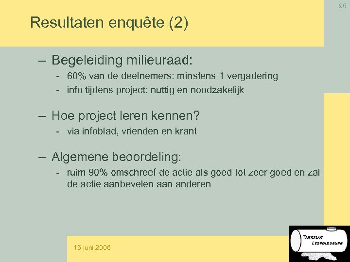 96 Resultaten enquête (2) – Begeleiding milieuraad: - 60% van de deelnemers: minstens 1