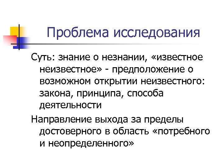 Проблема исследования Суть: знание о незнании, «известное неизвестное» - предположение о возможном открытии неизвестного: