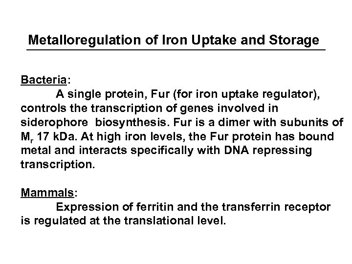Metalloregulation of Iron Uptake and Storage Bacteria: A single protein, Fur (for iron uptake