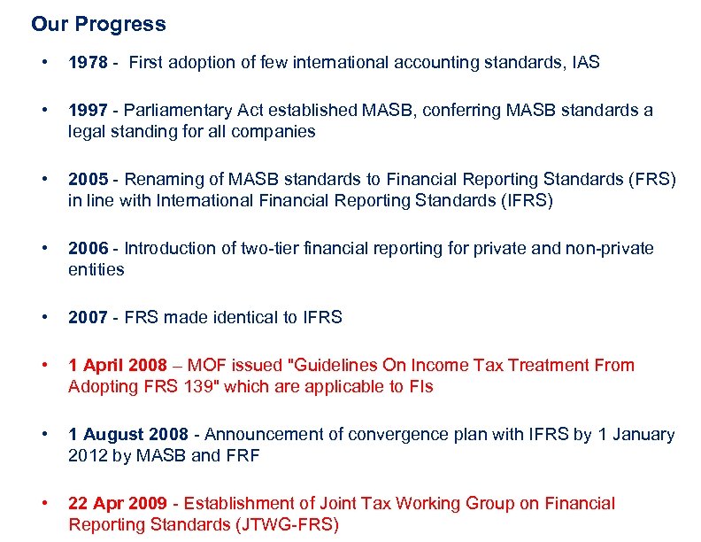 Our Progress • 1978 - First adoption of few international accounting standards, IAS •