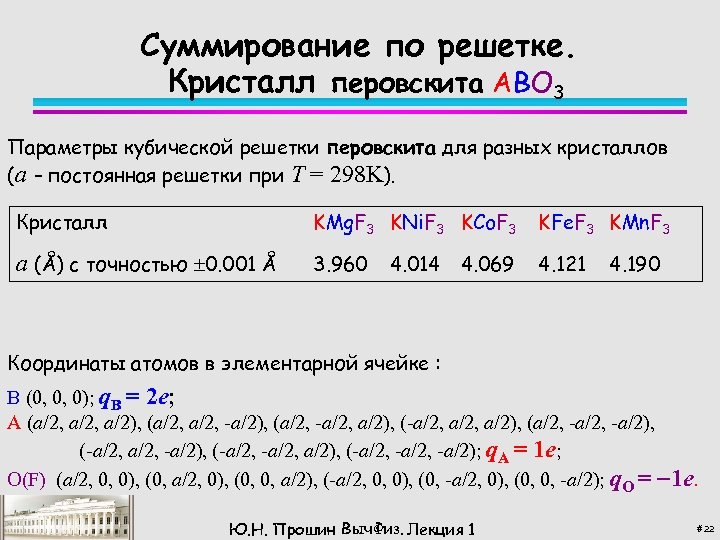 Суммирование по решетке. Кристалл перовскита АВО 3 Параметры кубической решетки перовскита для разных кристаллов