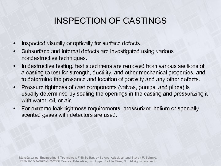 INSPECTION OF CASTINGS • • • Inspected visually or optically for surface defects. Subsurface