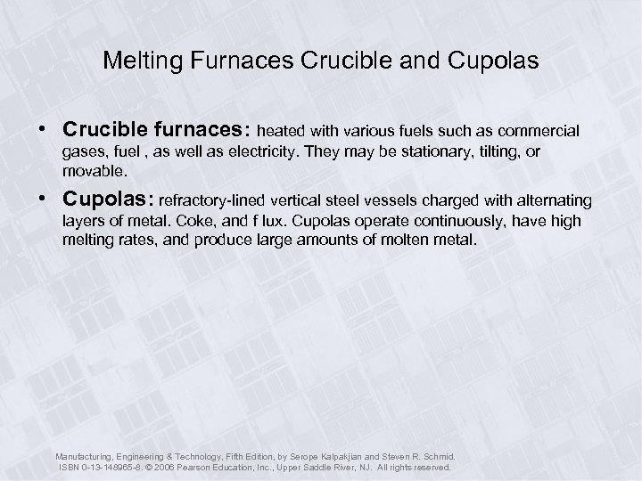 Melting Furnaces Crucible and Cupolas • Crucible furnaces: heated with various fuels such as