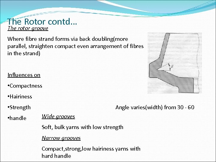 The Rotor contd… The rotor groove Where fibre strand forms via back doubling(more parallel,