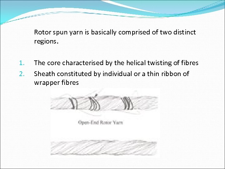 Rotor spun yarn is basically comprised of two distinct regions. 1. 2. The core