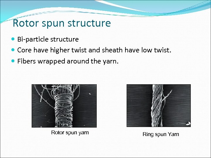 Rotor spun structure Bi-particle structure Core have higher twist and sheath have low twist.