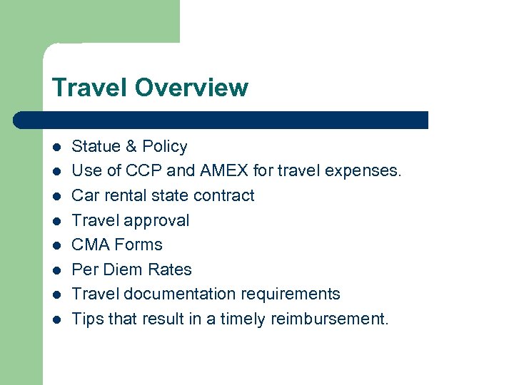 Travel Overview l l l l Statue & Policy Use of CCP and AMEX