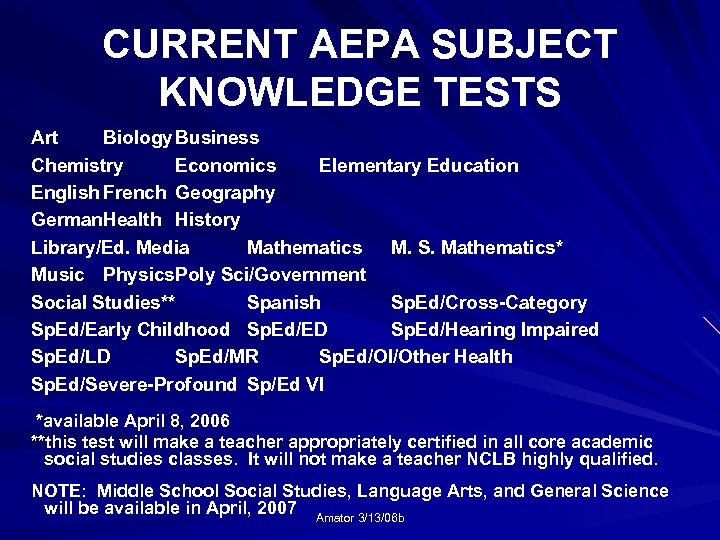 CURRENT AEPA SUBJECT KNOWLEDGE TESTS Art Biology Business Chemistry Economics Elementary Education English French