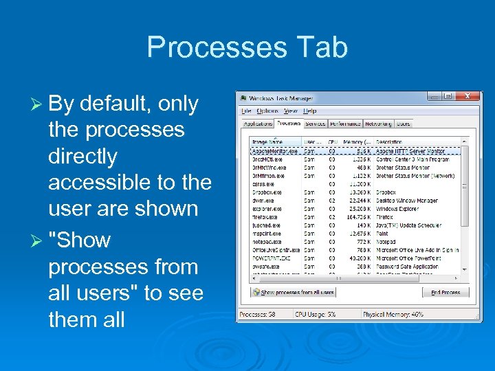 Processes Tab Ø By default, only the processes directly accessible to the user are