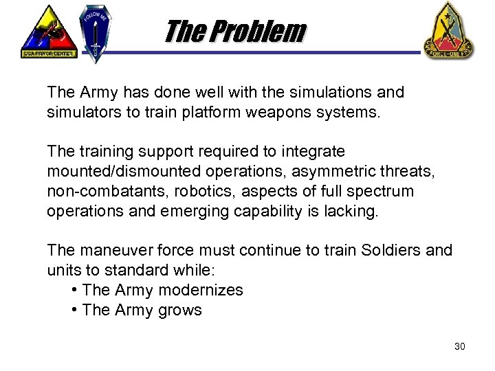 The Problem The Army has done well with the simulations and simulators to train