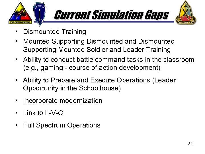 Current Simulation Gaps • Dismounted Training • Mounted Supporting Dismounted and Dismounted Supporting Mounted