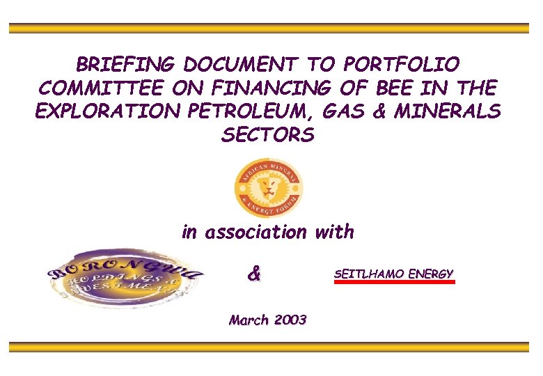 BRIEFING DOCUMENT TO PORTFOLIO COMMITTEE ON FINANCING OF BEE IN THE EXPLORATION PETROLEUM, GAS