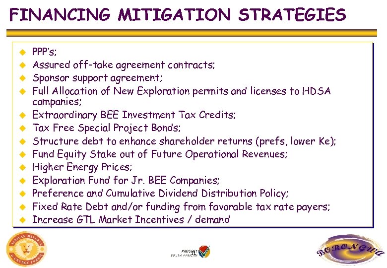 FINANCING MITIGATION STRATEGIES u u u u PPP’s; Assured off-take agreement contracts; Sponsor support