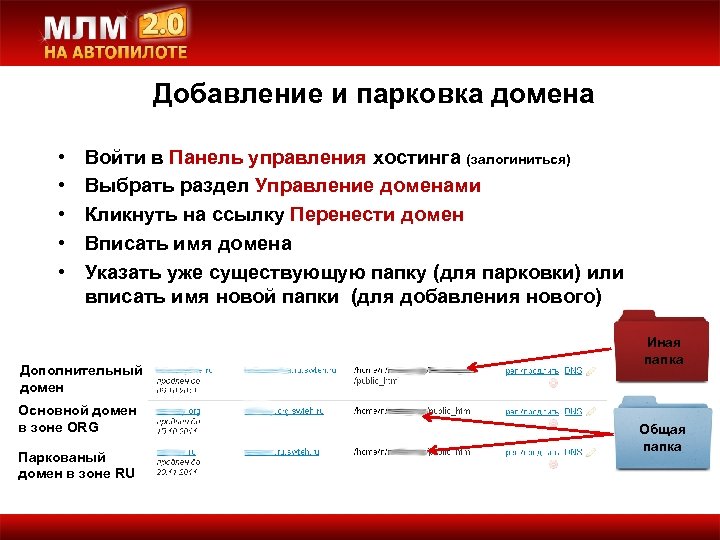 Добавление и парковка домена • • • Войти в Панель управления хостинга (залогиниться) Выбрать