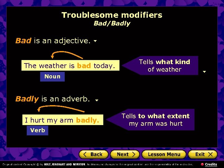 Troublesome modifiers Bad/Badly Bad is an adjective. The weather is bad today. Noun Tells