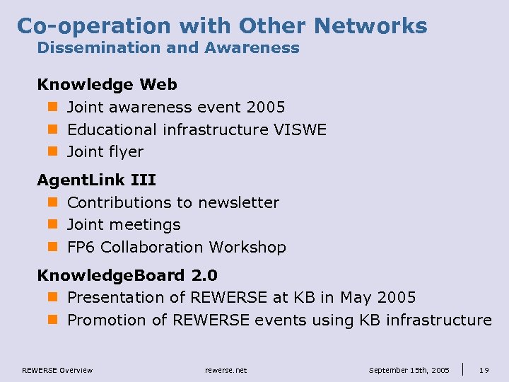 Co-operation with Other Networks Dissemination and Awareness Knowledge Web n Joint awareness event 2005