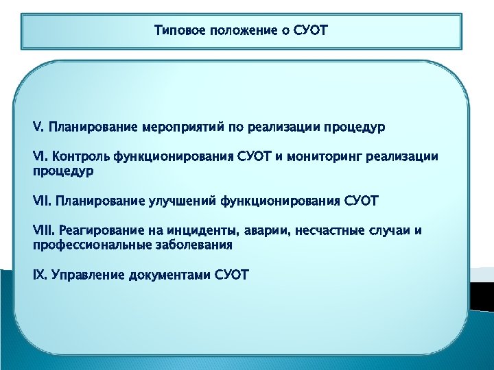 Типовое положение о СУОТ V. Планирование мероприятий по реализации процедур VI. Контроль функционирования СУОТ