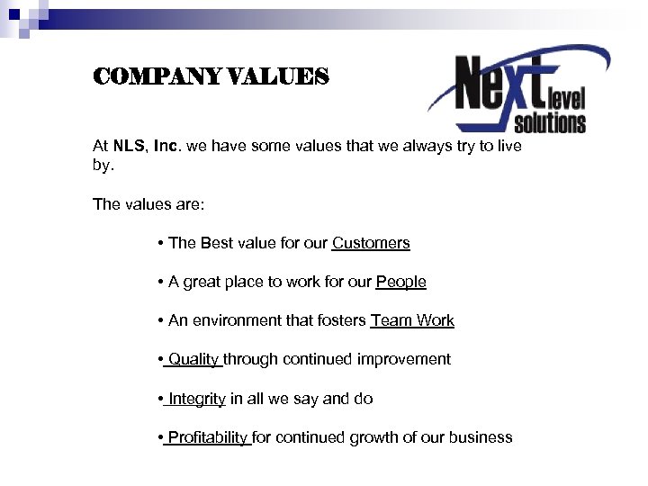 COMPANY VALUES At NLS, Inc. we have some values that we always try to