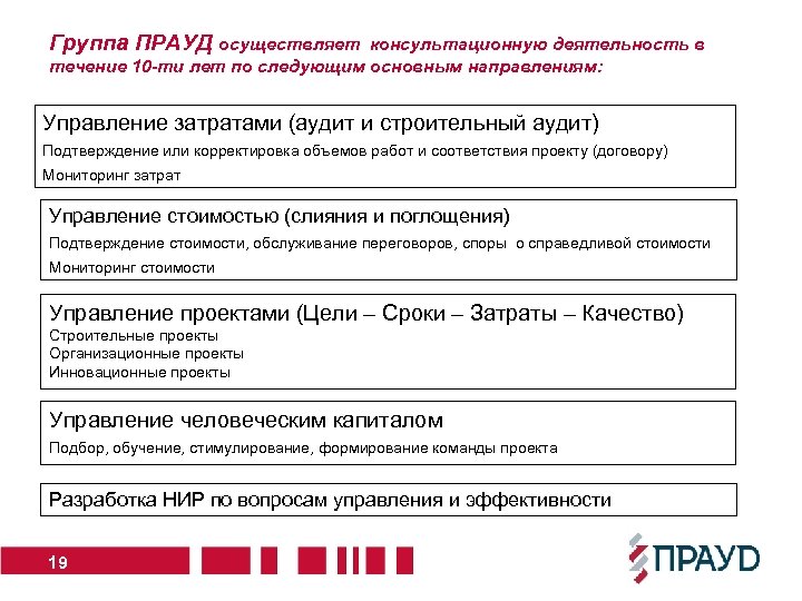 Группа ПРАУД осуществляет консультационную деятельность в течение 10 -ти лет по следующим основным направлениям: