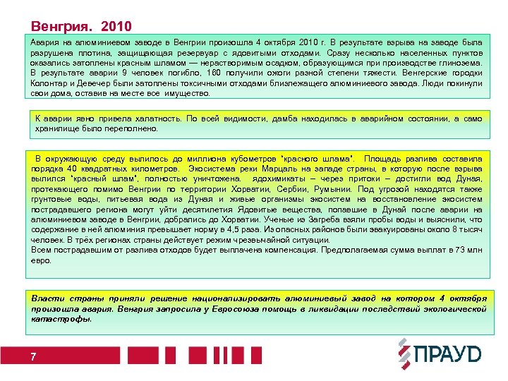 Венгрия. 2010 Авария на алюминиевом заводе в Венгрии произошла 4 октября 2010 г. В