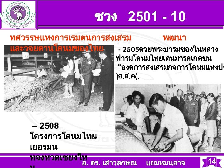 ชวง 2501 - 10 ทศวรรษแหงการเรมตนการสงเสรม พฒนา และวจยดานโคนมของไทย - 2505ดวยพระบารมของในหลวง ฟารมโคนมไทยเดนมารคเกดขน "องคการสงเสรมกจการโคนมแหงปร )อ. ส. ค(.