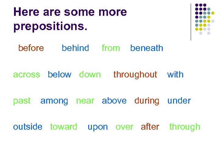 Here are some more prepositions. before behind across below down past from beneath throughout