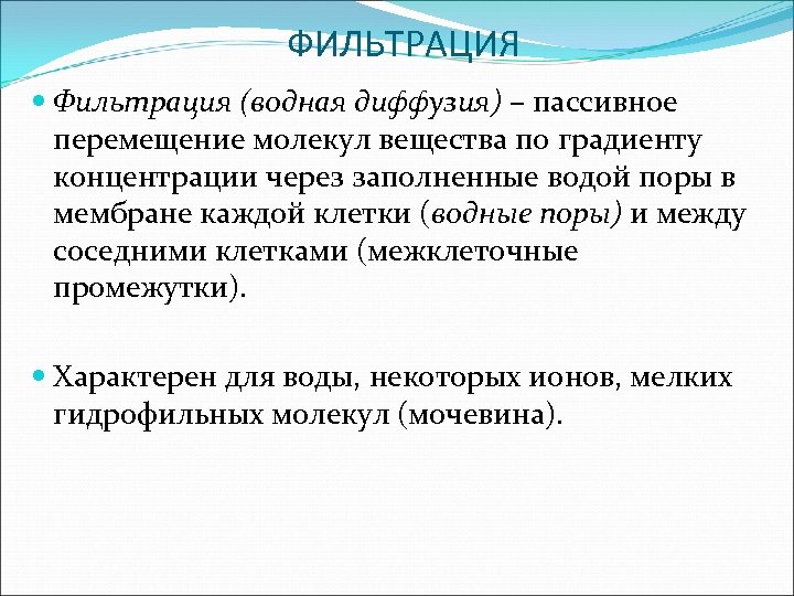 ФИЛЬТРАЦИЯ Фильтрация (водная диффузия) – пассивное перемещение молекул вещества по градиенту концентрации через заполненные