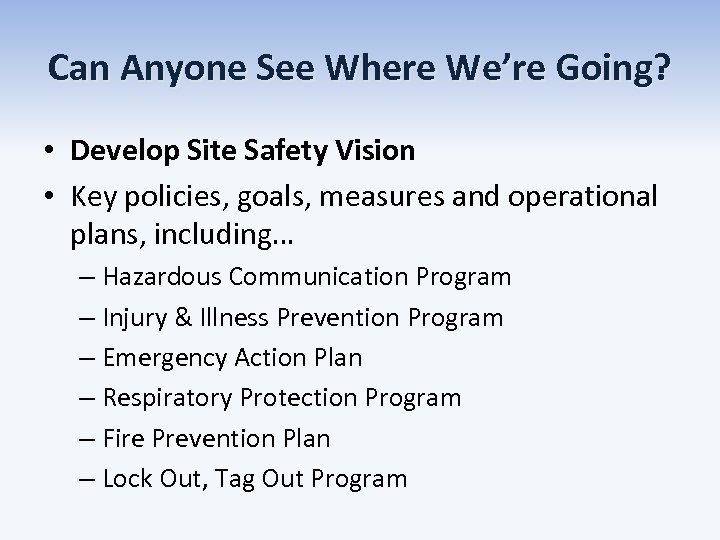 Can Anyone See Where We’re Going? • Develop Site Safety Vision • Key policies,