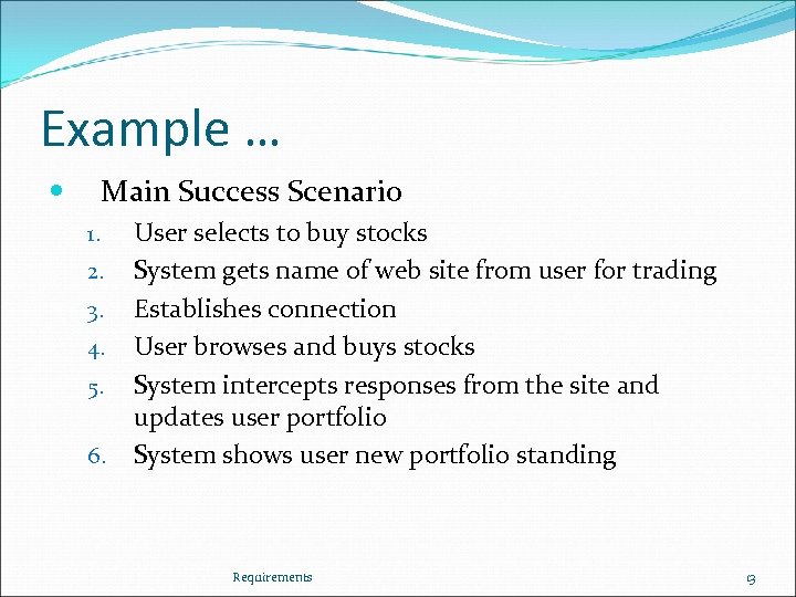 Example … Main Success Scenario 1. 2. 3. 4. 5. 6. User selects to
