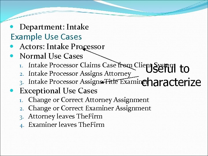  Department: Intake Example Use Cases Actors: Intake Processor Normal Use Cases 1. Intake
