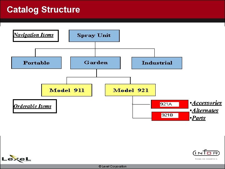 Catalog Structure Navigation Items • Accessories • Alternates • Parts Orderable Items © Lexel