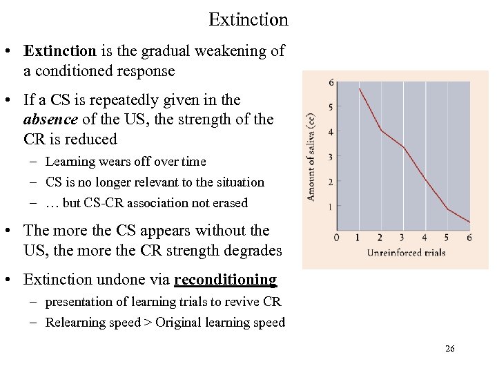 Extinction • Extinction is the gradual weakening of a conditioned response • If a