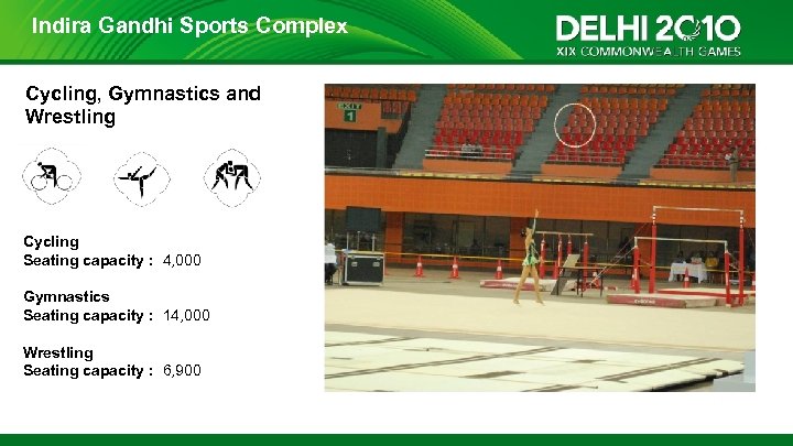 Indira Gandhi Sports Complex Cycling, Gymnastics and Wrestling Cycling Seating capacity : 4, 000