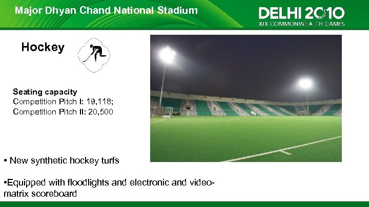 Major Dhyan Chand National Stadium Hockey Seating capacity Competition Pitch I: 19, 118; Competition