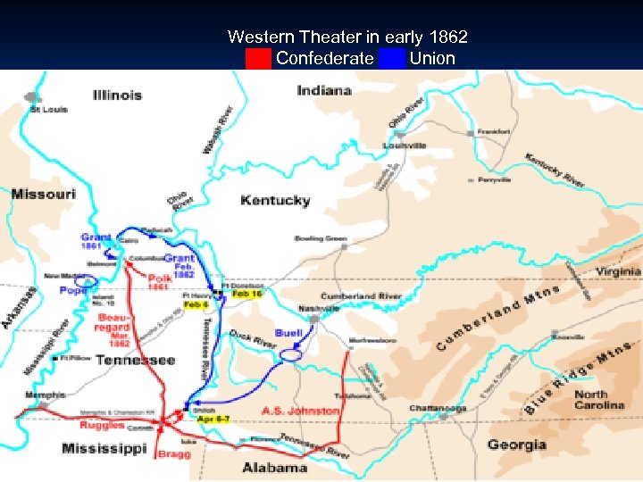  Western Theater in early 1862 ██ Confederate ██ Union 