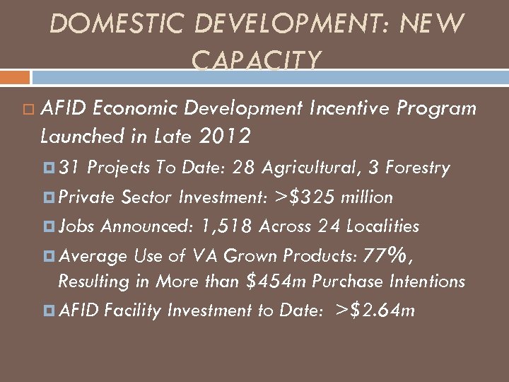 DOMESTIC DEVELOPMENT: NEW CAPACITY AFID Economic Development Incentive Program Launched in Late 2012 31