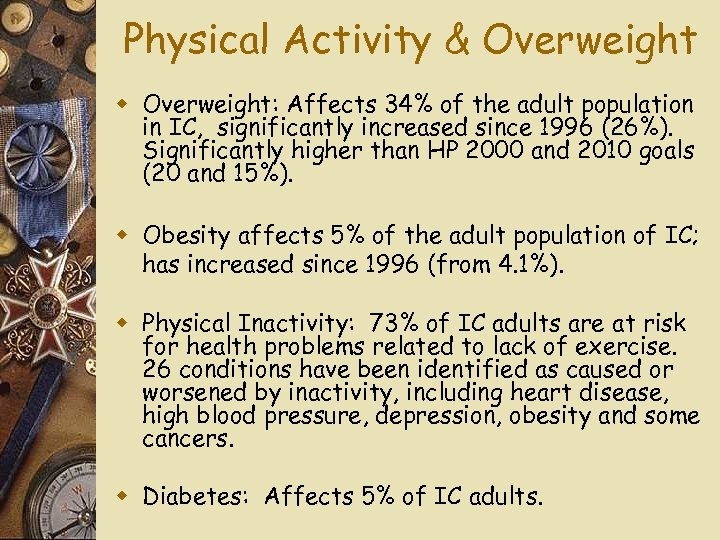 Physical Activity & Overweight w Overweight: Affects 34% of the adult population in IC,