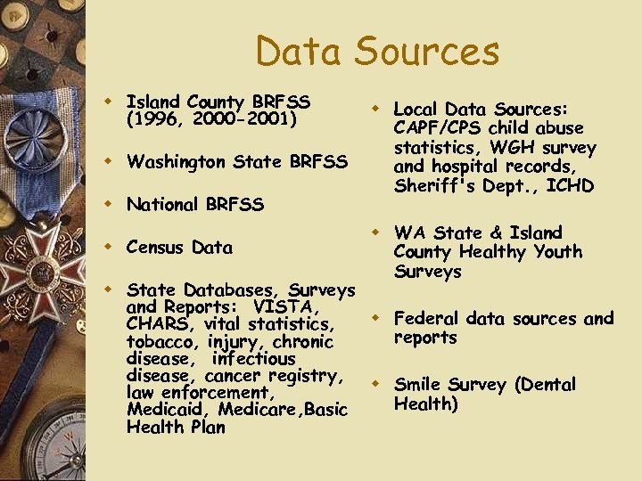 Data Sources w Island County BRFSS (1996, 2000 -2001) w Washington State BRFSS w