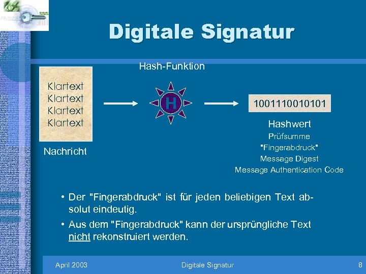 Digitale Signatur Hash-Funktion Klartext H 1001110010101 Hashwert Prüfsumme 