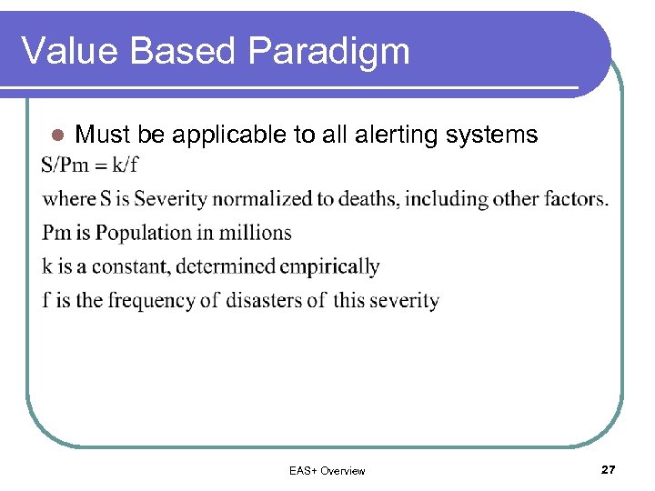 Value Based Paradigm l Must be applicable to all alerting systems EAS+ Overview 27