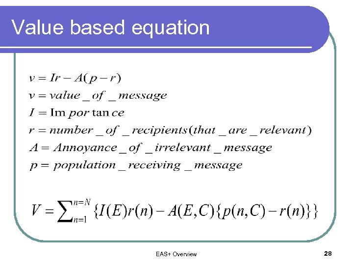 Value based equation EAS+ Overview 28 
