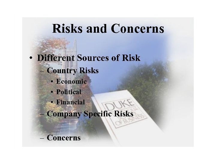 Risks and Concerns • Different Sources of Risk – Country Risks • Economic •