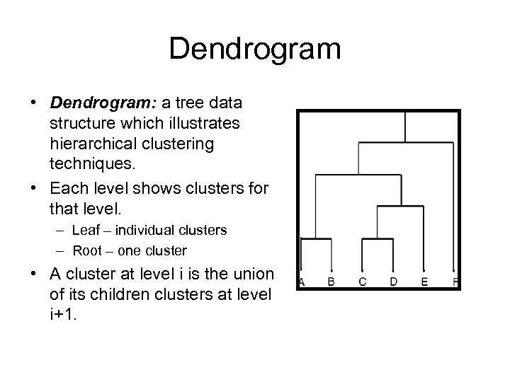 Dendrogram • Dendrogram: a tree data structure which illustrates hierarchical clustering techniques. • Each