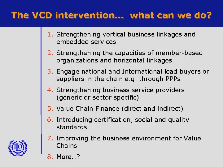 The VCD intervention… what can we do? 1. Strengthening vertical business linkages and embedded