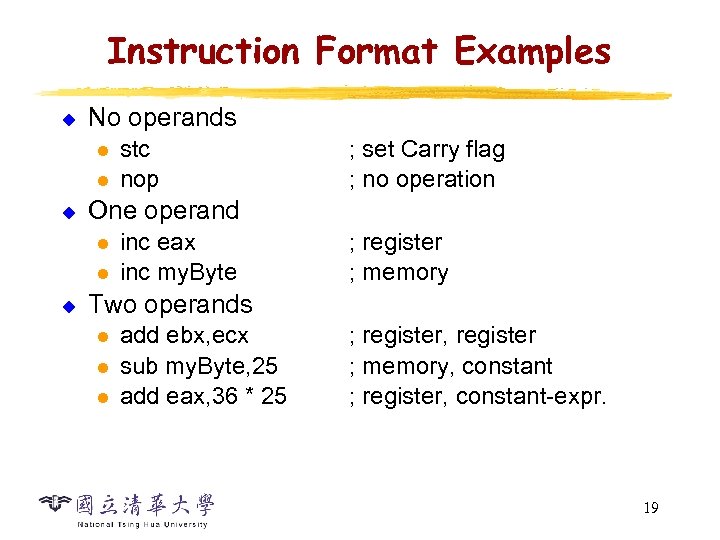 Instruction Format Examples u No operands l l u ; set Carry flag ;