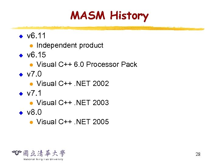 MASM History u v 6. 11 l u v 6. 15 l u Visual