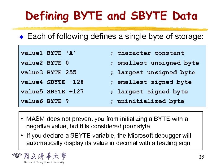 Defining BYTE and SBYTE Data u Each of following defines a single byte of