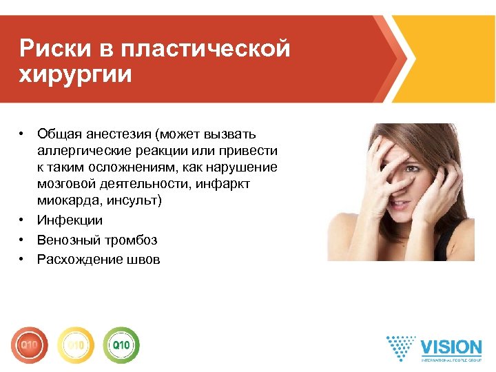 Риски в пластической хирургии • Общая анестезия (может вызвать аллергические реакции или привести к