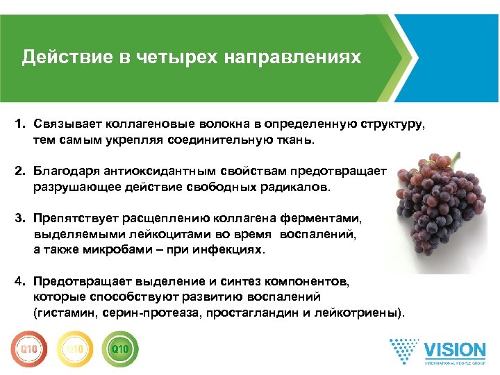 Действие в четырех направлениях 1. Связывает коллагеновые волокна в определенную структуру, тем самым укрепляя