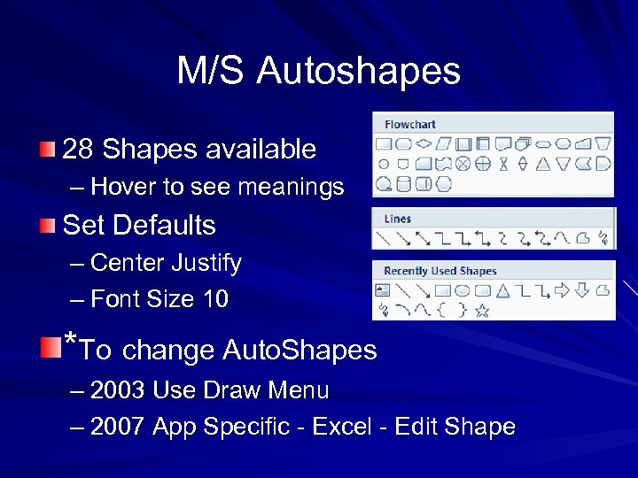 M/S Autoshapes 28 Shapes available – Hover to see meanings Set Defaults – Center